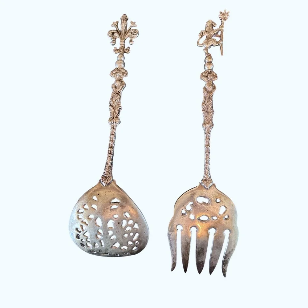 Ugo Bellini Salad Serving Set OS Silver Excellent Cherub Lion Fleur-de-lis Italy